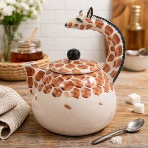 PIER 1 Giraffe Ceramic Teapot Hand Painted Whimsical Jungle Safari Cream Brown